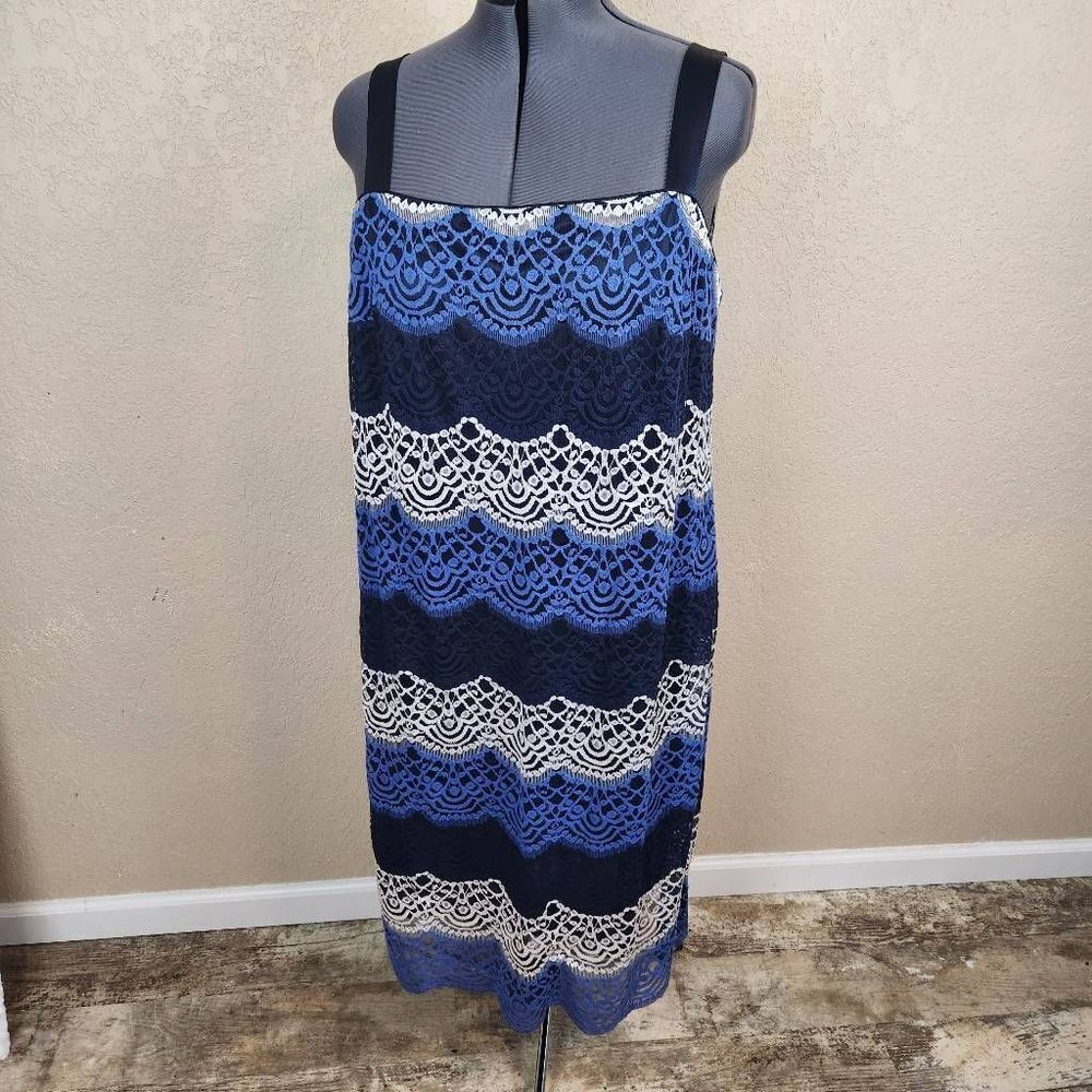 R&M Richards Blue White and Black Allover Lace Maxi Sundress 22W (7247)